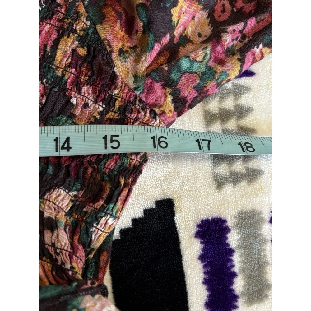 Maurices Burgundy/Green Floral Long Sleeve Smocked V Neck Ruffle Blouse Size M - Picture 7 of 8